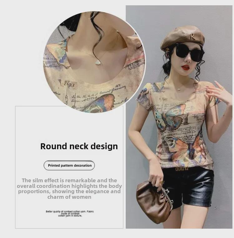 Europäische Station 2023 Sommer Cartoon-Print Slim-Fit Damen-T-Shirt
