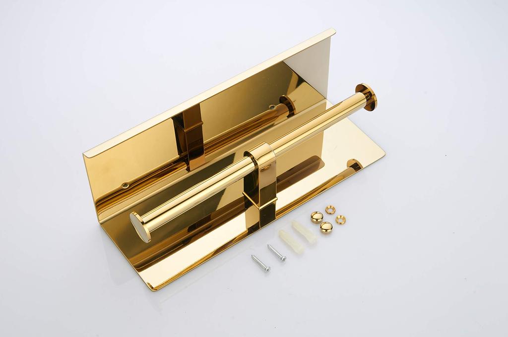 BGL Double Toilet Paper Holder, Stainless Steel 304, Wall Mount, with 2-Head Roll Tissue Holder and Shelf (Gold)