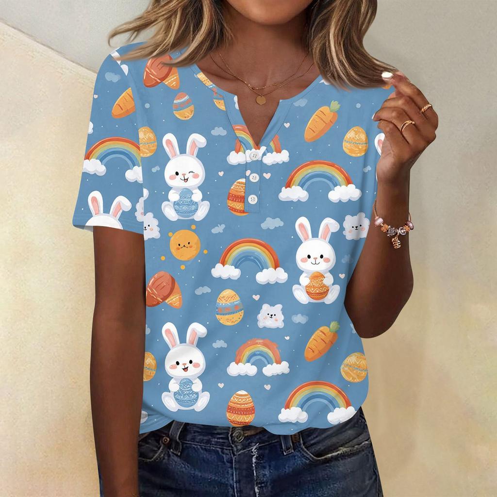 Damen T-Shirt mit Aufdruck und Knopfleiste, kurzärmelig, für den Alltag, Wochenendmode, Basic, V-Ausschnitt, normales Oberteil