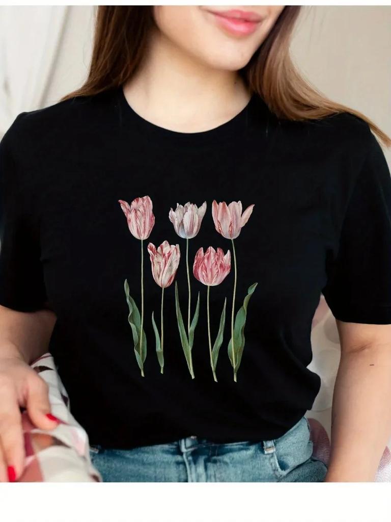 Cute Tulip Print Tshirt Womens Casual Shortsleeve Top Summer Comfortable Fabric Tshirt New Style Tops