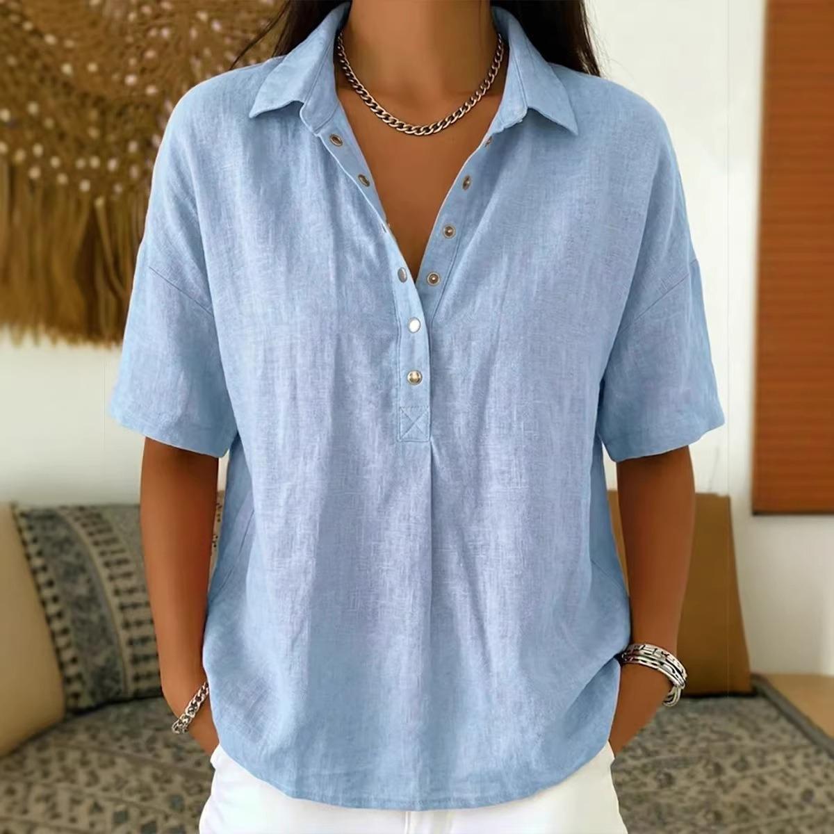 Summer New Women s Loose Comfortable Lapel Short Sleeve Solid Color Shirt Plus Size for Curvy Women S светло-синий