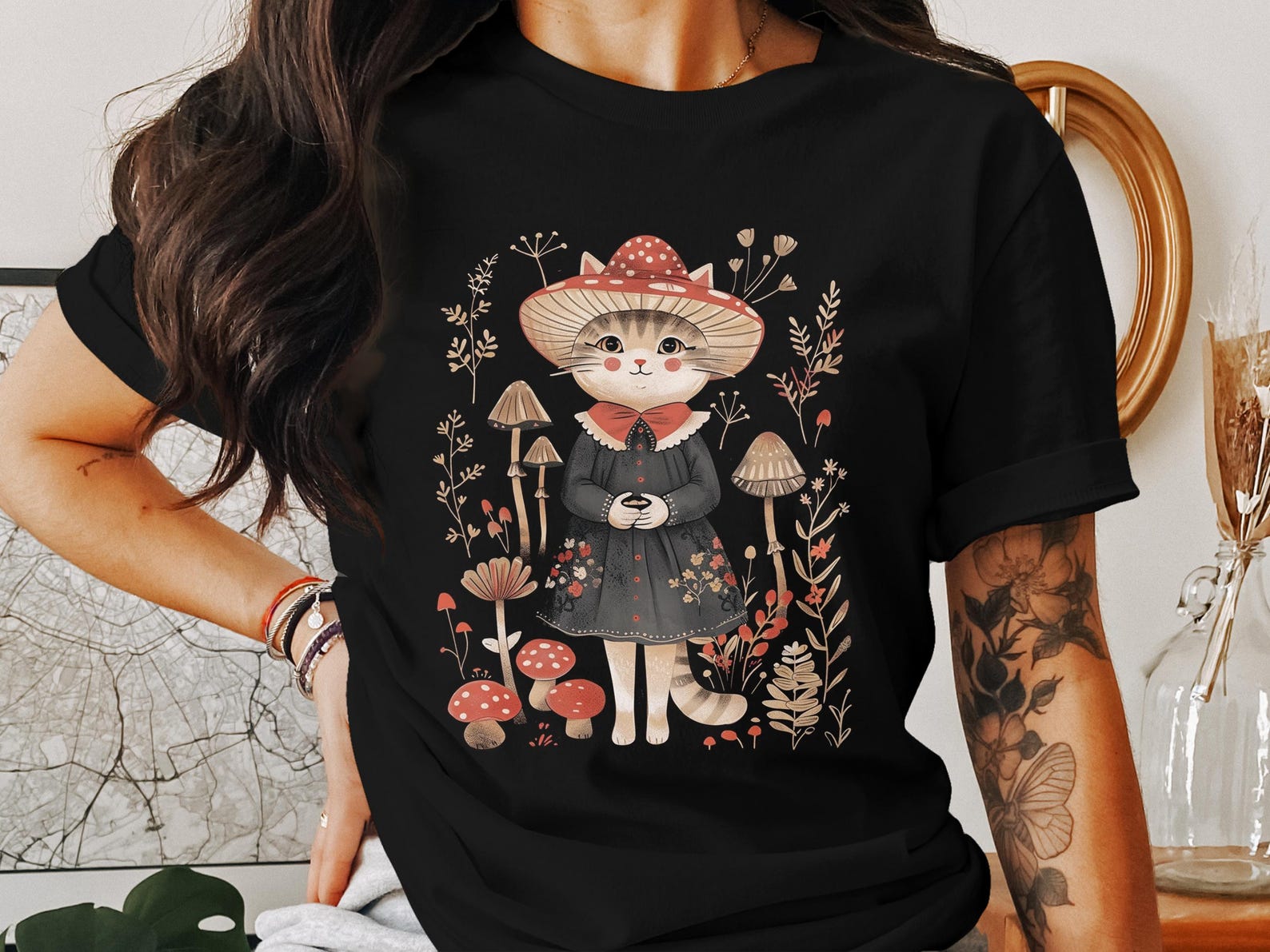 Cottagecore Cat T-Shirt, Forest Kitten Tee, Whimsical Animal Shirt XL