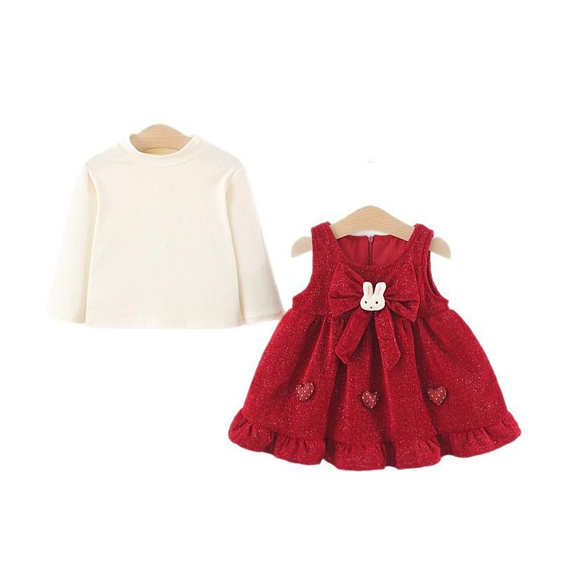 Baby Girl 2-Piece Set Red Rabbit Bow Dress Long Sleeve Top Toddler Cute Princess Outfit