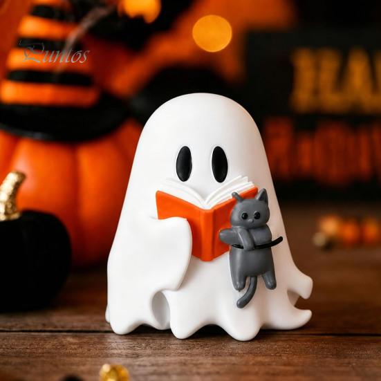 Halloween Shelf Decor Ghost Figurine, Cute Reading Statue, Ornament with Party Table Centerpiece Pumpkin Bucket, Skeleton Puppy Tabletop for