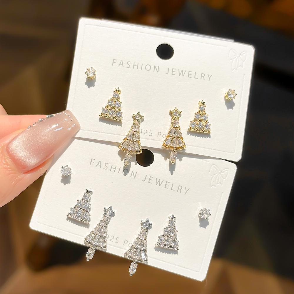 Elegant Korean Snowflake Christmas Tree Stud Earrings