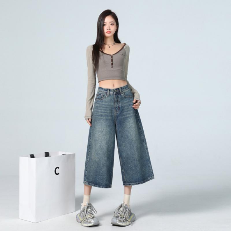 

Американская высокая улица Семифутовые женские джинсы Весна Осень Свободные Широкие штанины Драпирующиеся Прямого кроя Брюки Модный дизайн XL синий