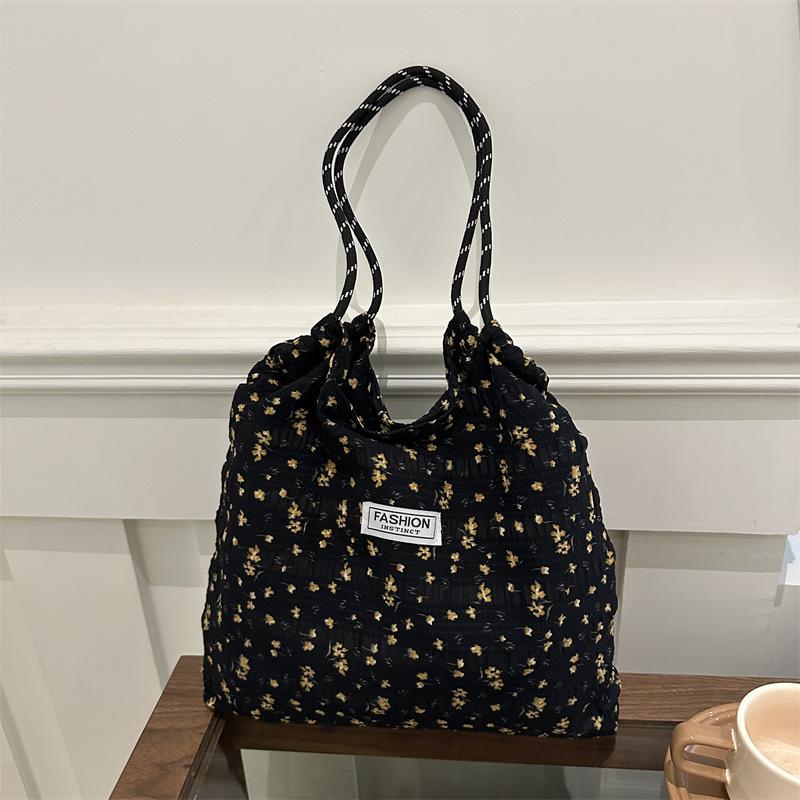 Korean ins floral canvas bag women's shoulder large capacity canvas bag thin plaid cradle bag portable canvas bag