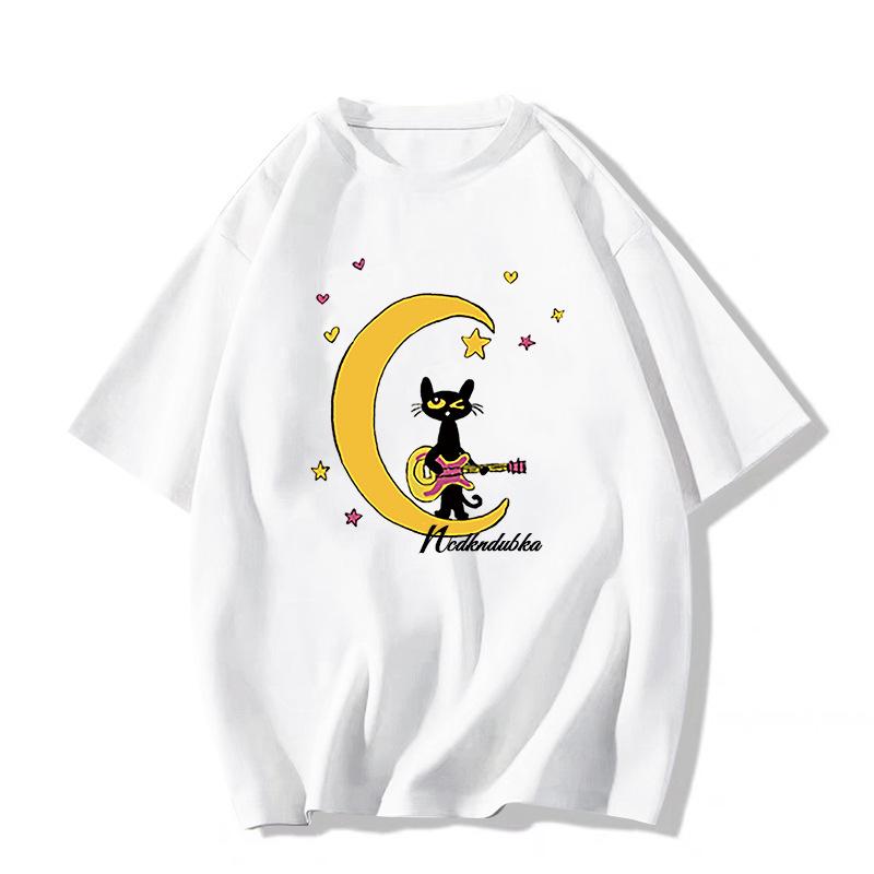 Summer 2025 Women's Loose White Cotton Short Sleeve T-shirt with Unique American Design