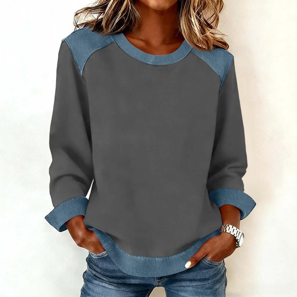 Women Denim Collar Patchwork Stitching Sweatshirt Casual  Pullover Long Sleeve Shirts
