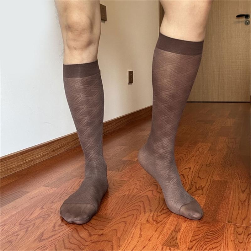Men's Breathable Nylon Thin Dress Socks with Argyle Pattern Design Middle Calf Business Formal Socks Hosiery Gift