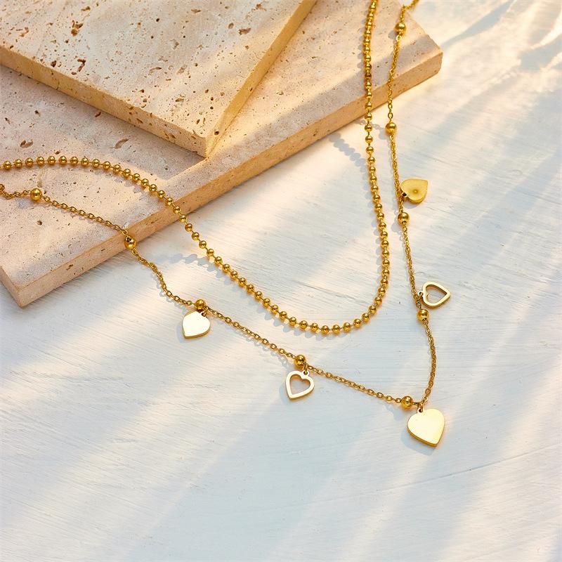 Gold Plated Multi-Heart Layered Beaded Chain Necklace for Women Stainless Steel with Cubic Zirconia