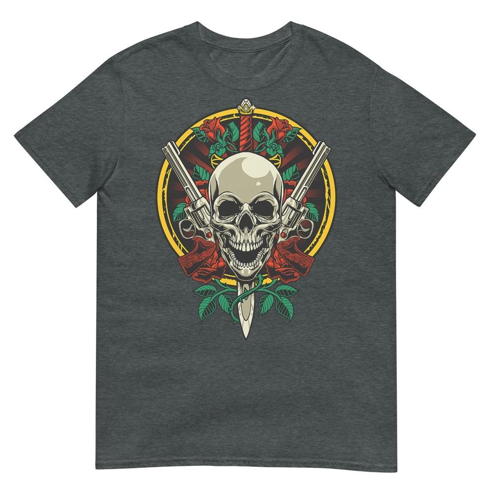Skull Face With Roses 80s 90s Rock Music Guns And Skull Tshirt
