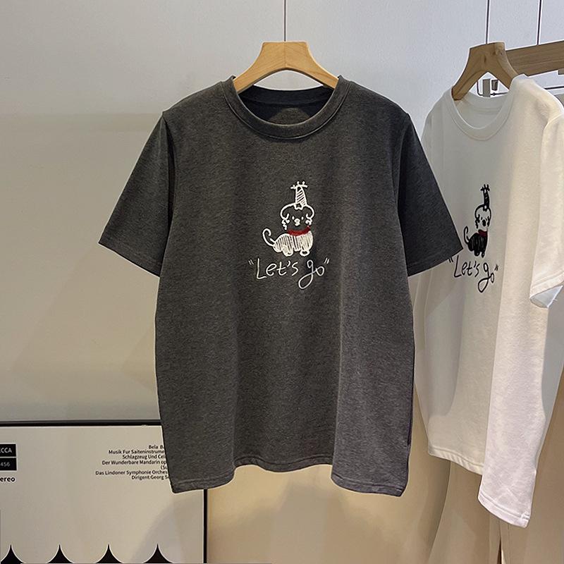 Korean Style Women's Cartoon Puppy Embroidery Red Scarf Short-Sleeve T-Shirt