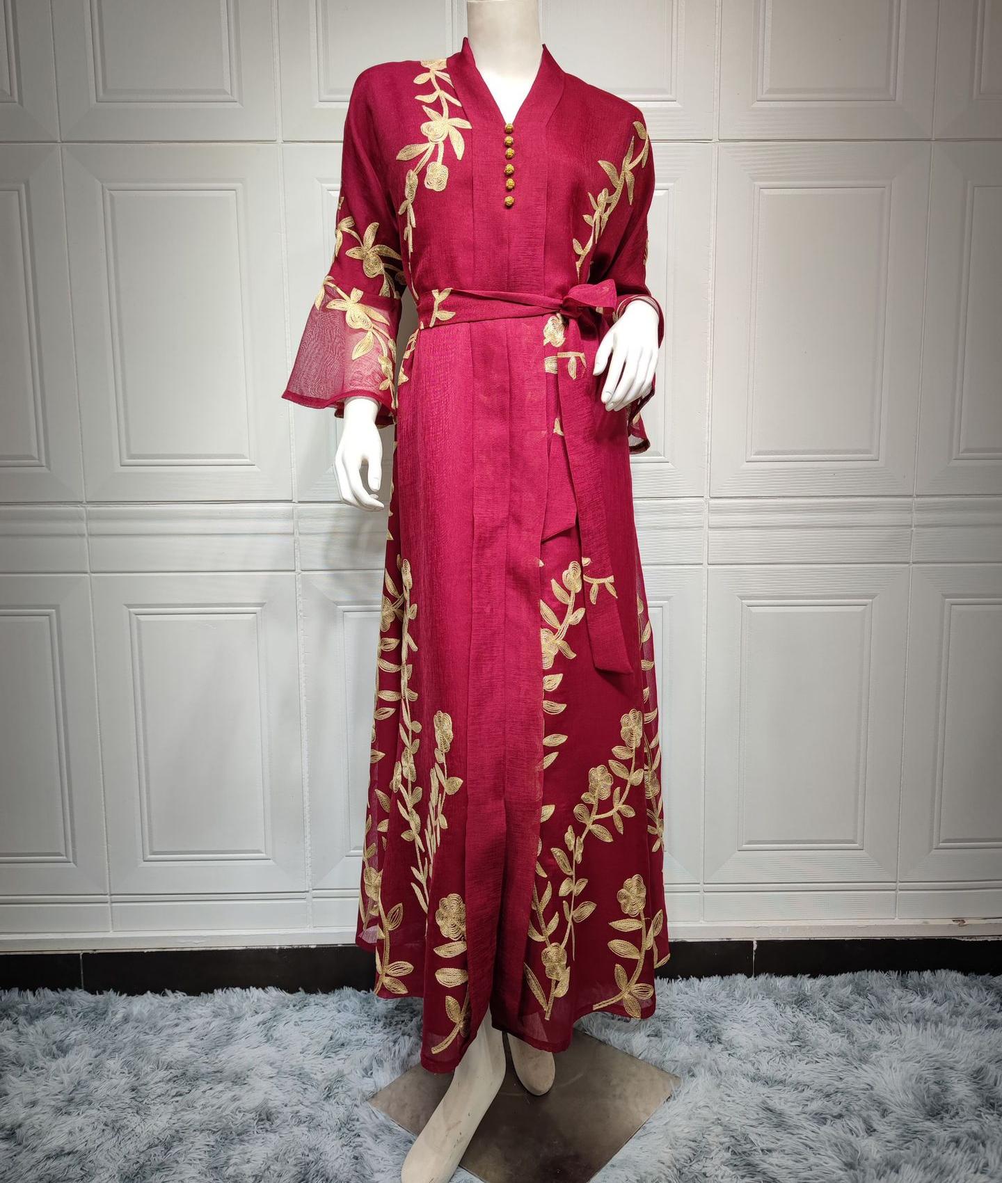 

Мусульманский сетчатый вышитый халат с V-образным вырезом, облегающее свободное арабское платье XXL красный