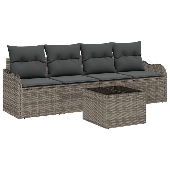 Canapé de Jardin de 5 Pièces avec Coussins Gris en Poly Rattan, Canapé 2 Places avec Rangement et Coussins Gris en Poly 3354238