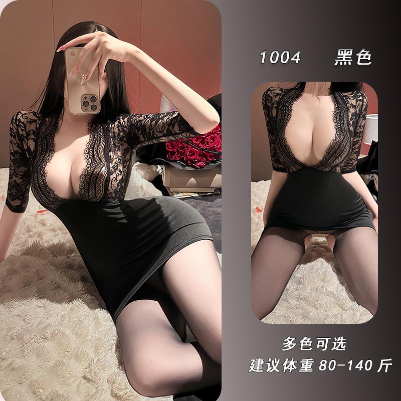 Ye Yu Sexy Deep V Secretary Uniform Seduction Sexy Lace Perspective Flirting Skinny Buttocks Skirt 