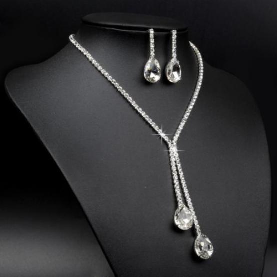 Bridal Wedding Party Rhinestone Waterdrop Pendant Necklace Earrings Jewelry Set AVE