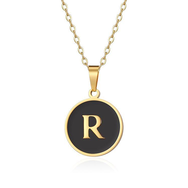 English letter oiled necklace, European and American trend titanium steel chain, round gold letter pendant collarbone chain