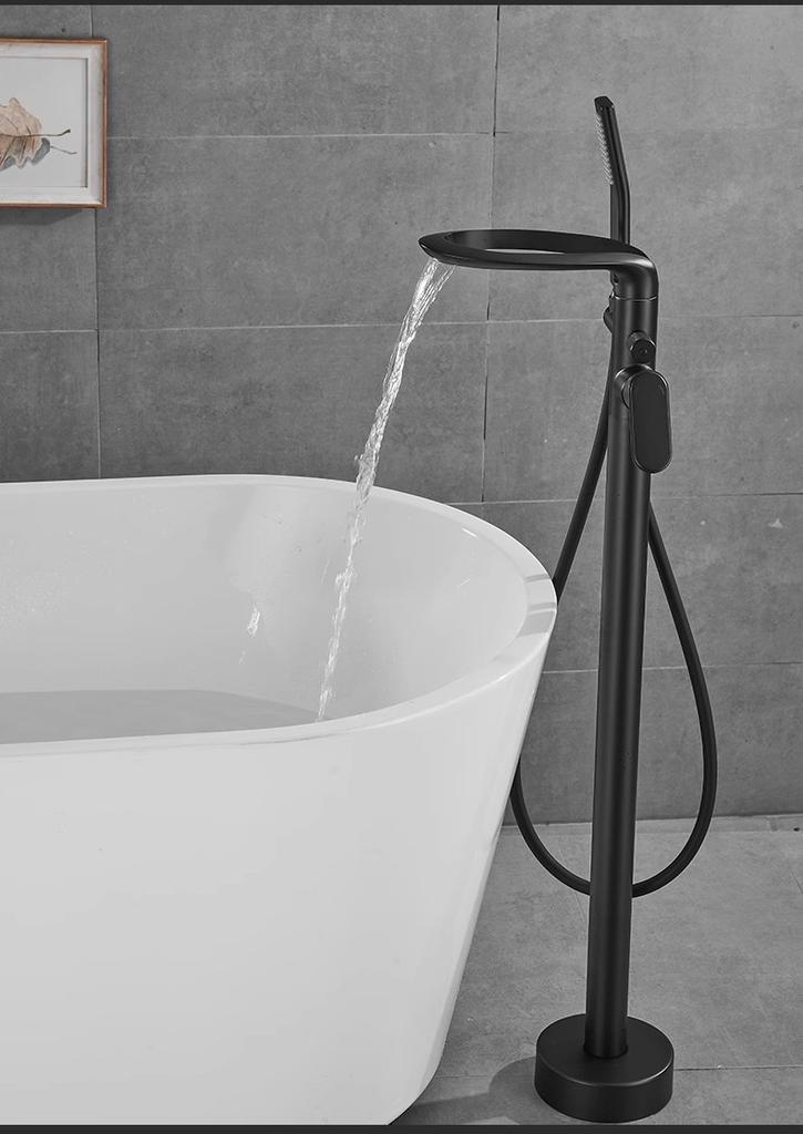Tuqiu Black Bathtub Faucet Set Floor Decked Brass Waterfall Bathtub Mixer Morden Style Bathroom Taps