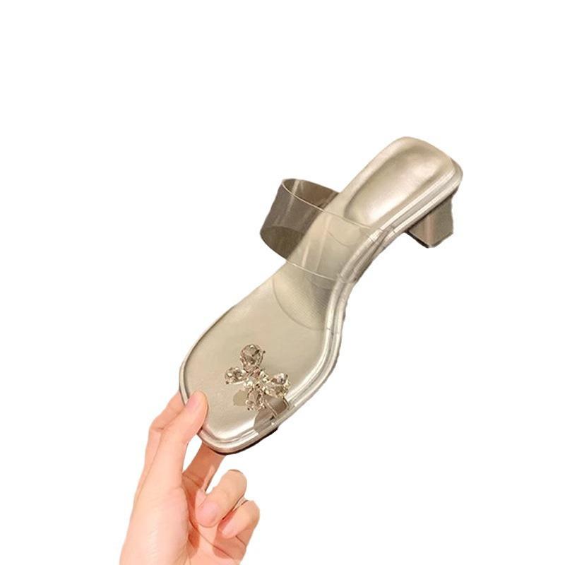 Grape mother, the same fairy character with exquisite butterfly rhinestone temperament square head transparent belt high heels cool slippers woman