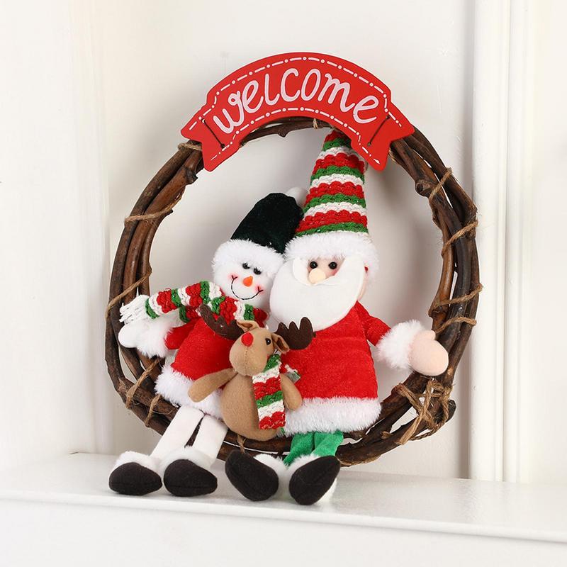 Christmas Rattan Wreath Artificial Christmas Wreath Decorations Front Door Wall Hangable Wreath Santa Claus Snowman Doll Wreath