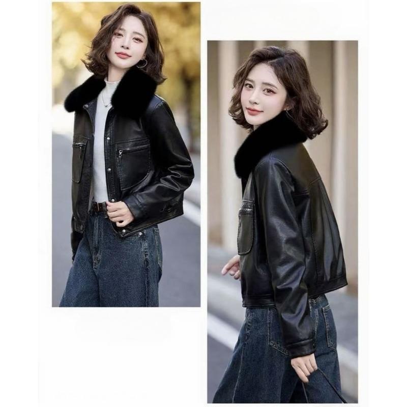 Damenmode Kurze PU-Lederjacke Winter Verdickter Warmer Mantel mit Kunstfellkragen Knopfverschluss