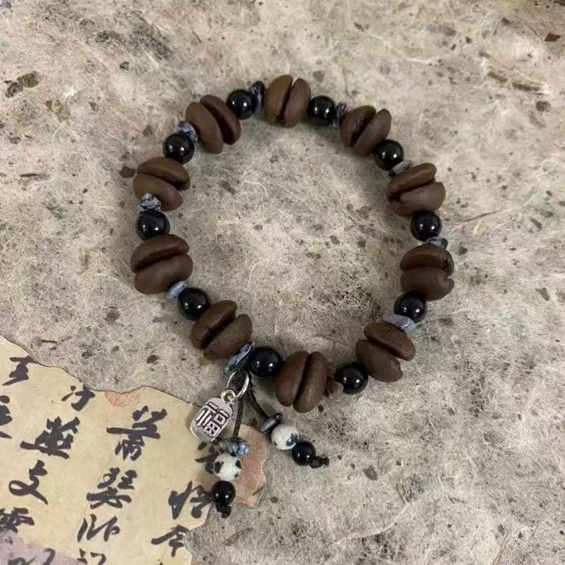 Chinese Style Natural Stone Coffee Bean Pendant - Versatile Lucky Charm for Couples