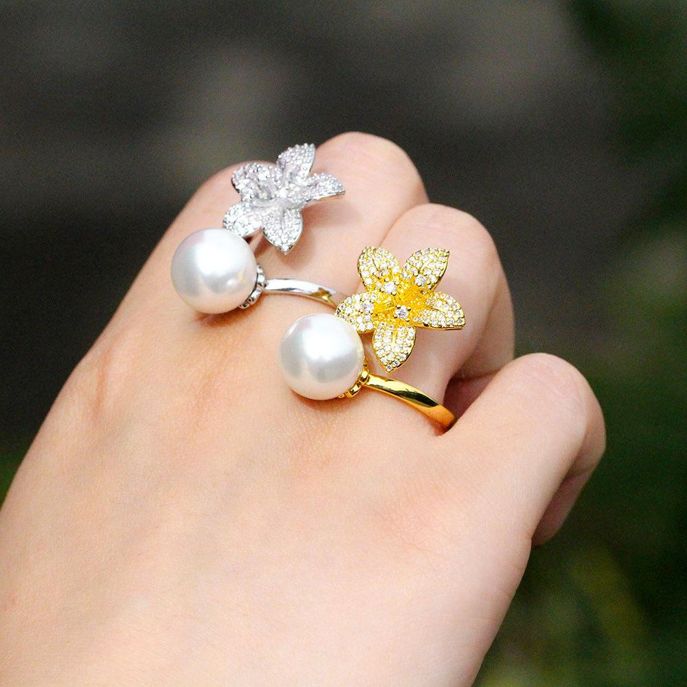 Korean Cold Style Design Pearl Open Ring Slightly Inlaid Zircon Personalized Ring Hand Jewelry