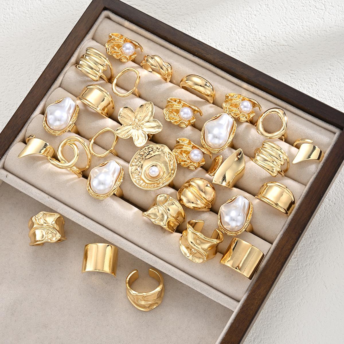 

30 Pcs Fashion Simple Elegant Exquisite Floral Pearl Geometric Irregular Open Ring Set For Women Men Holiday Date Daily Jewelry
