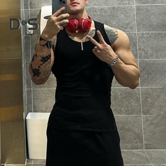 Men Vest Ribbed Fabric Round Neck Tight Fit Solid Color Tank Tops Breathable Vest Sports Fitness Streetwear