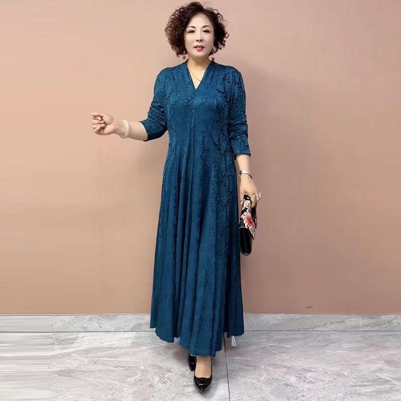 High-end Women's Plus-size Dress Spring and Autumn Slim-fit V-neck Long Printed Dress Stretchy A-line Dress