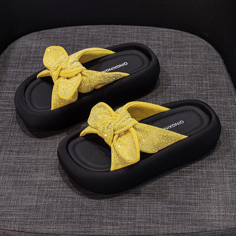 Rhinestones wear slippers for women, 2025 new bow casual fashion, versatile platform beach women's shoes
