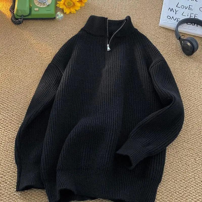 Men's Half-Zip Korean Style Loose Fit Knitted Sweater Solid Color Pullover Top Casual Scene