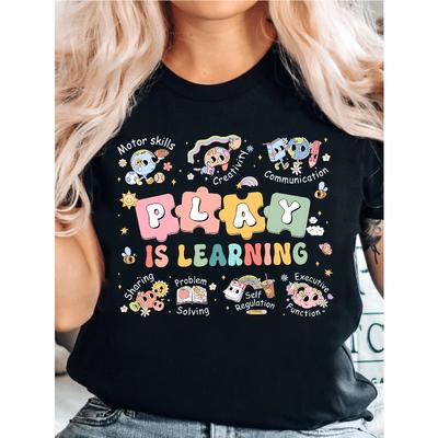 Womens Play Is Learning Teacher Print T Shirt Back To School New Teacher Casual Short Sleeve Top