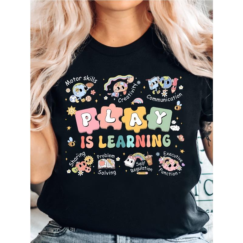 

Womens Play Is Learning Teacher Print T Shirt Back To School New Teacher Casual Short Sleeve Top 4XL