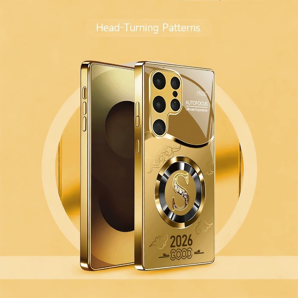 Circular Letter S Pattern Gold Glass Phone Case Suitable for Samsung Galaxy S26 S25 S24 S22 S21 S20 FE Ultra Plus Shockproof