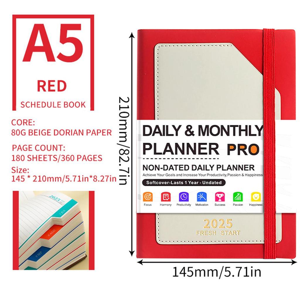 A5 leather 2025 business schedule book, English inner pages, student daily planner, 365-day record book, notepad, memo, 200 sheets