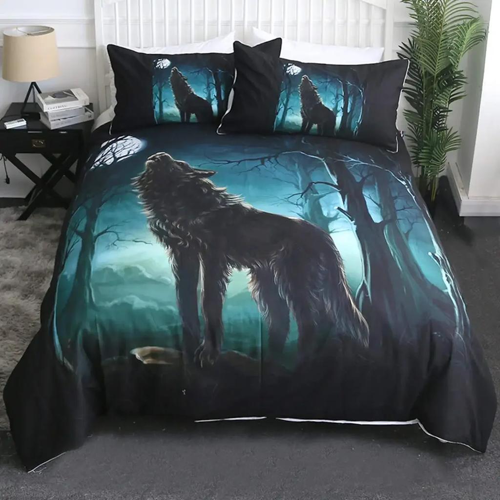 Wild Magical Wolf Bedding Set Wolf Howling 3Pcs Sets For Boys Vintage Oil Paint Wild Animal Single/Twin/Queen/King Size
