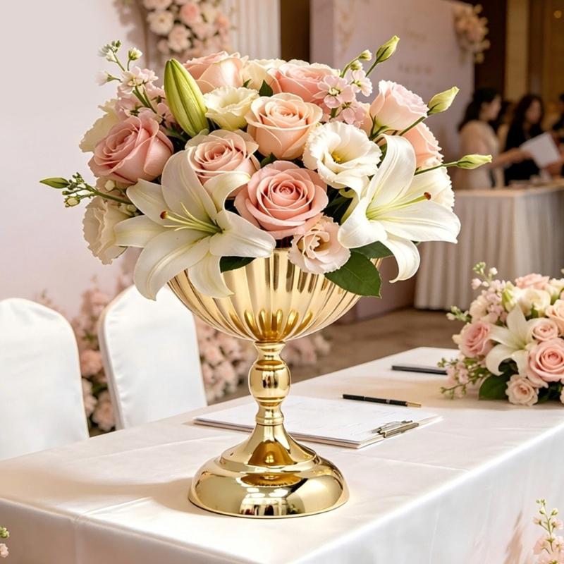 Wedding Table Flower Urn Vase, Metal Pedestal Design Compote Bowl Vase for Freshing Flowers, Artificial Flower, Dried Arrangements, Decorative Branch