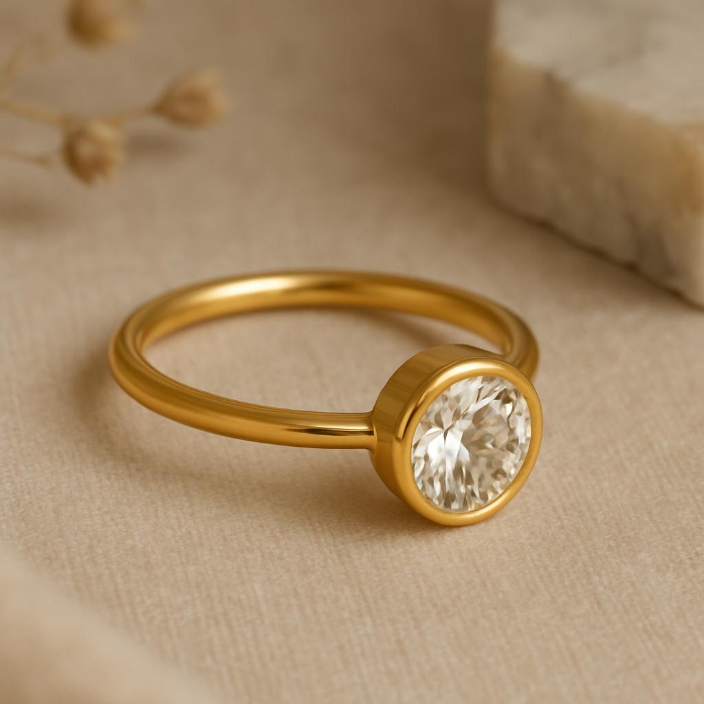 Round Cut Solitaire Engagement Ring, Bezel Set Yellow Gold Plated Band, Minimalist Bridal Jewelry, Promise Ring for Her