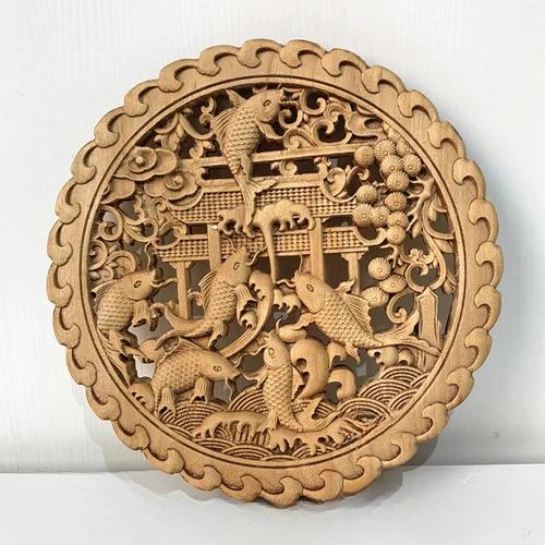 Diameter 27cm/10.8" Chinese style camphor wood carving circular decoration living room entrance background wall pendant