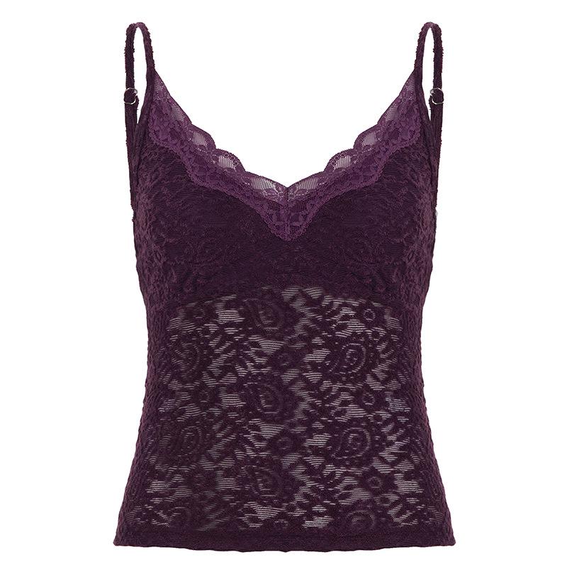 Purple V-neck Lace Patchwork Slim Camisole for Summer 2026 Large фиолетовый