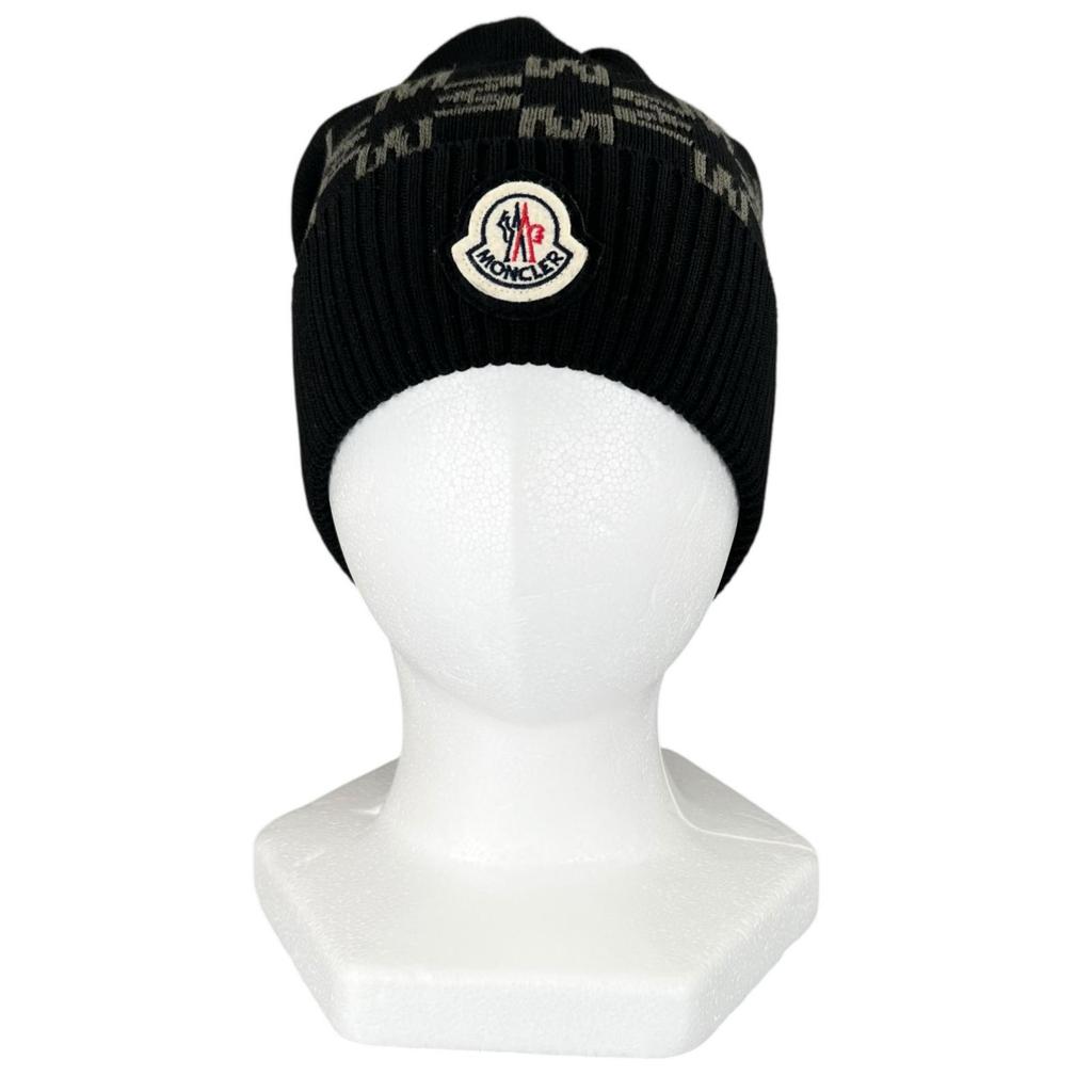 Ausgezeichnete MONCLER Strickmütze BERRETTO Logo-Patch schwarze Baumwolle Damen Gebraucht