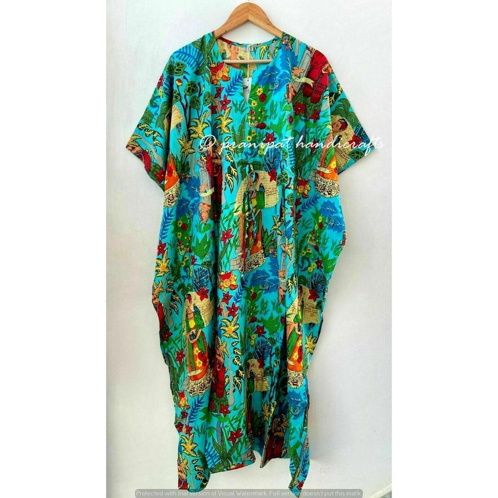 Indisches, türkises, langes Frida-Kahlo-Print-Maxikleid aus Baumwolle für Damen, Nachtwäsche, Kaftan, CKFTN-SCRN-FULL-BUYIT-043