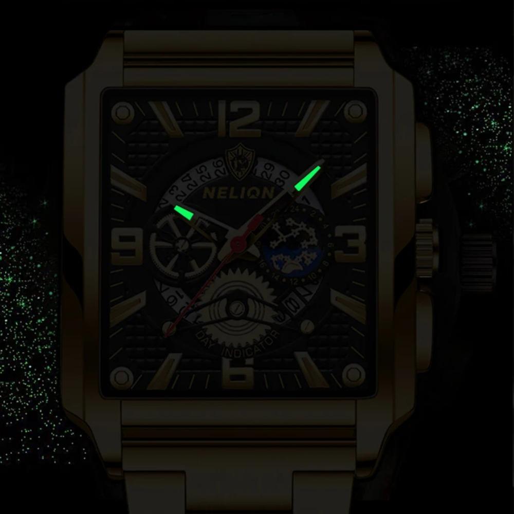BINBOND Classic Men Watches Square Type Watch for Man Quartz Movement Stainless Steel Waterproof Luminous Date Trend Watch
