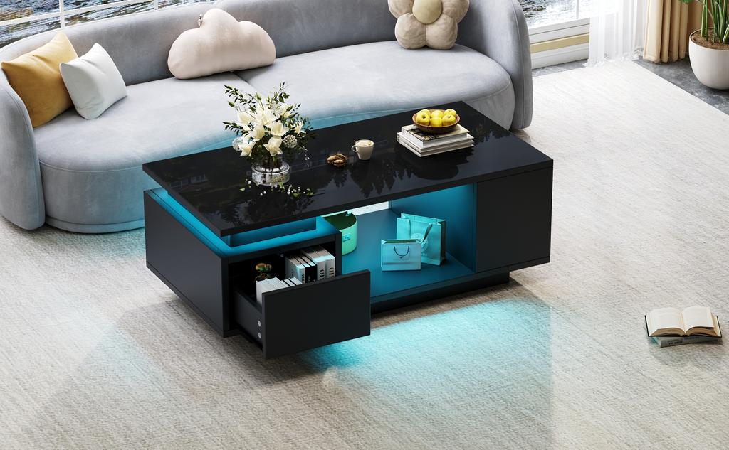 100*50*36cm Coffee Table with Drawer, LED Side Table, Living Room Table with Four Side Storage Compartments and a Cut-Out Design In the Middle. Black