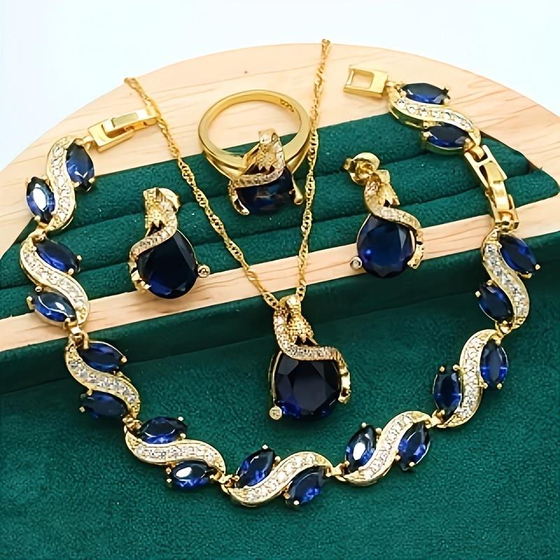 

2026 Korean Super Flash Micro Inlay AAA Zircon Bracelet Necklace Earrings Ring Jewelry Set Dinner Jewelry 45CM темно-синий