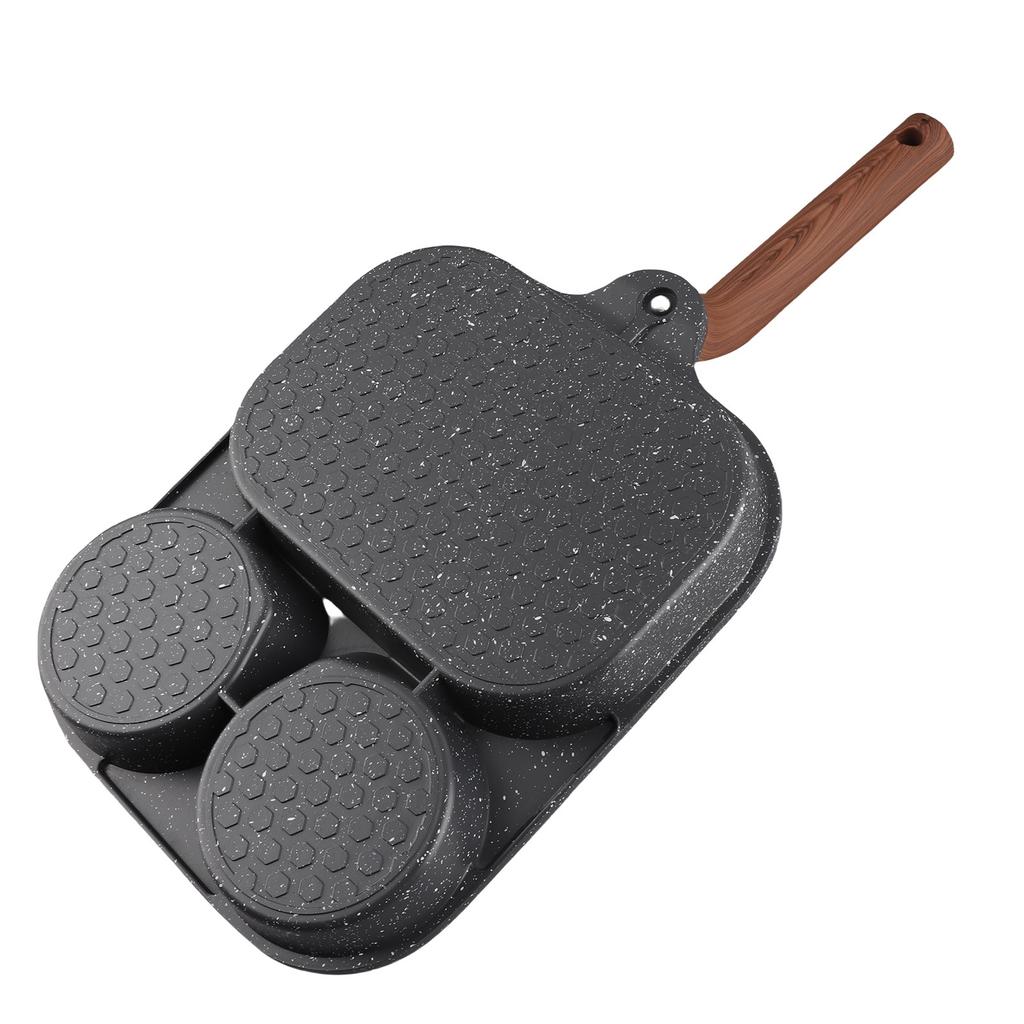 Egg Frying Pan 3 Section Stick Proof Flat Bottom Breakfast Cooking Pan with Heat Resistant Handle for Steak Omelette Black