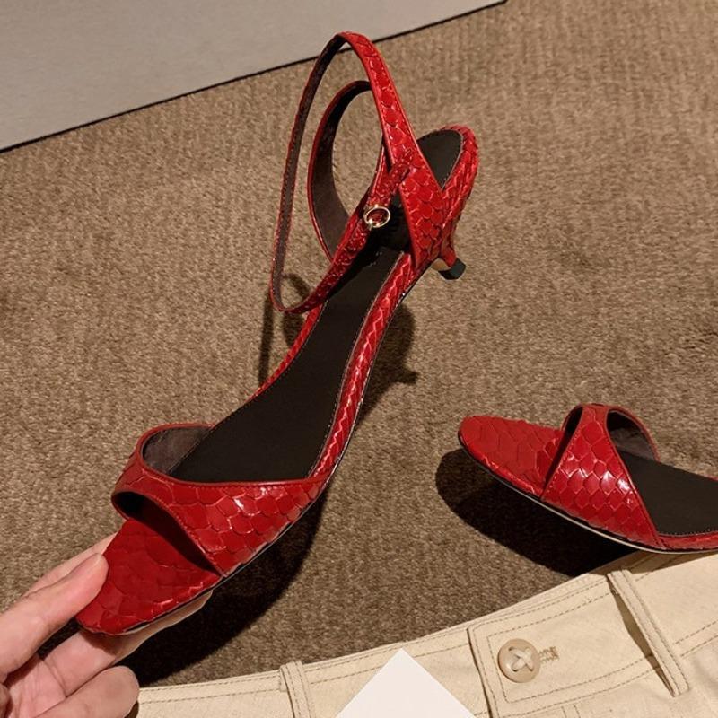 Sheepskin version round head open-toed one-word high-heeled sandals women's summer wear cool slippers