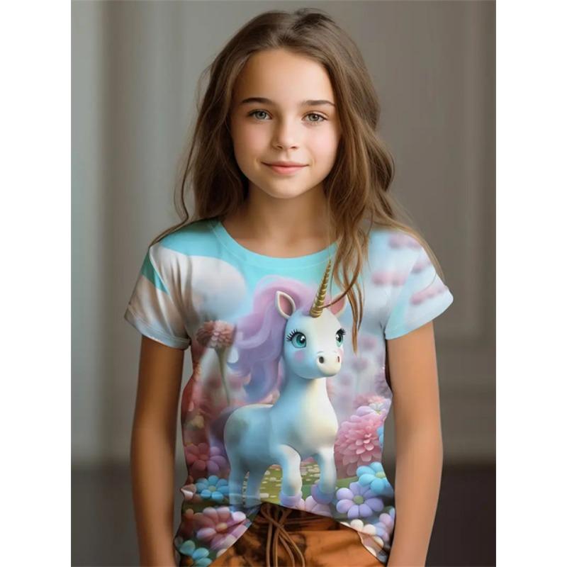 2025 Casual T-Shirts Girls' Clothing New Funny Animal Horse 3d Print Girls' T-Shirts Party Fashion Short Sleeved Tops Tee